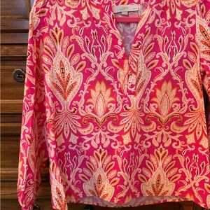 LOFT Pink Graphic Blouse with Mandarin Collar and Tunic Sleeve